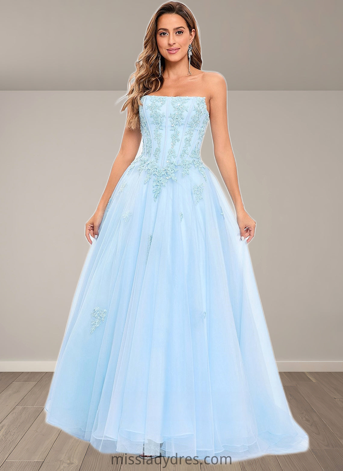 Jordan Ball-Gown/Princess Straight Sweep Train Tulle Prom Dresses With Sequins Appliques Lace DBP0025864