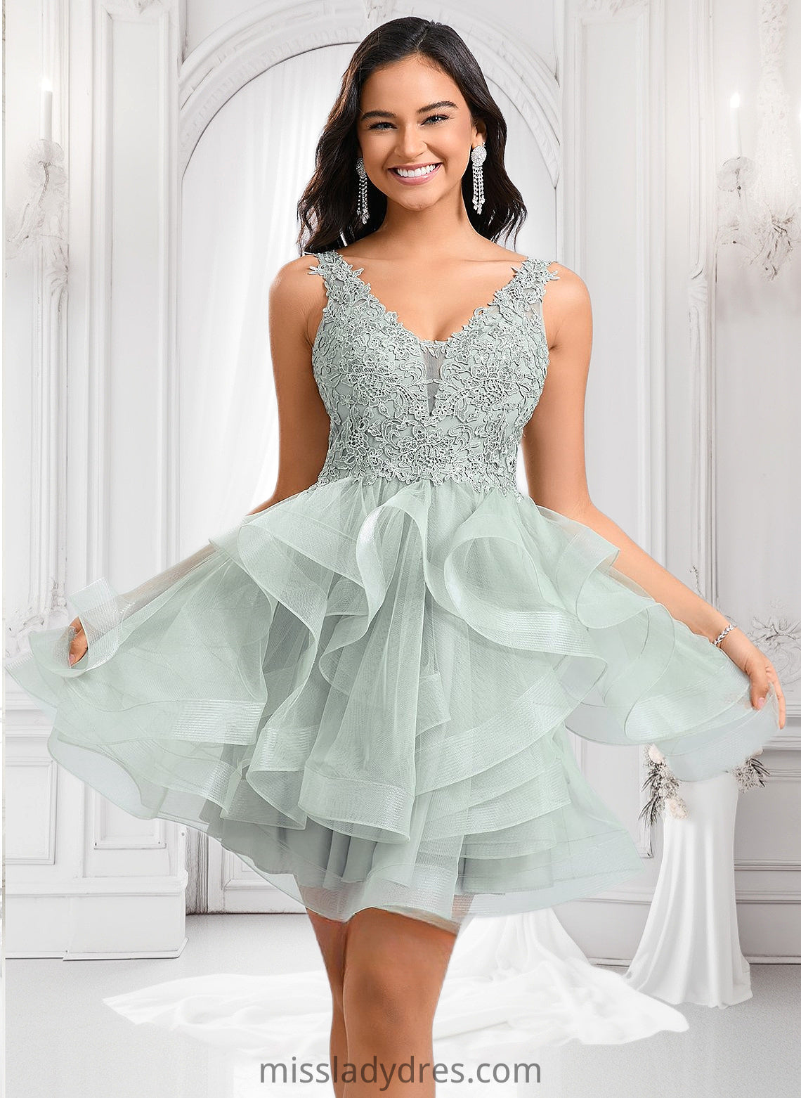 Ada Ball-Gown/Princess V-Neck Short Tulle Lace Homecoming Dress DBP0025671