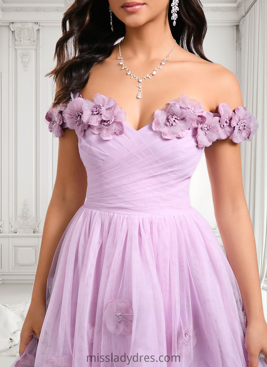 Lorena Ball-Gown/Princess Off the Shoulder Short Tulle Homecoming Dress With Pleated Flower DBP0025668