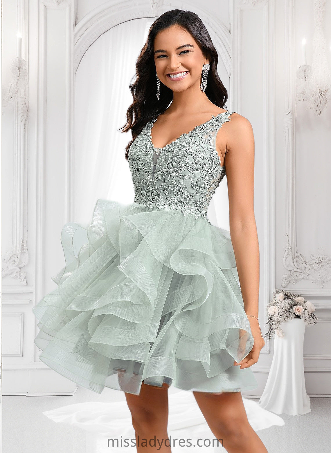 Ada Ball-Gown/Princess V-Neck Short Tulle Lace Homecoming Dress DBP0025671