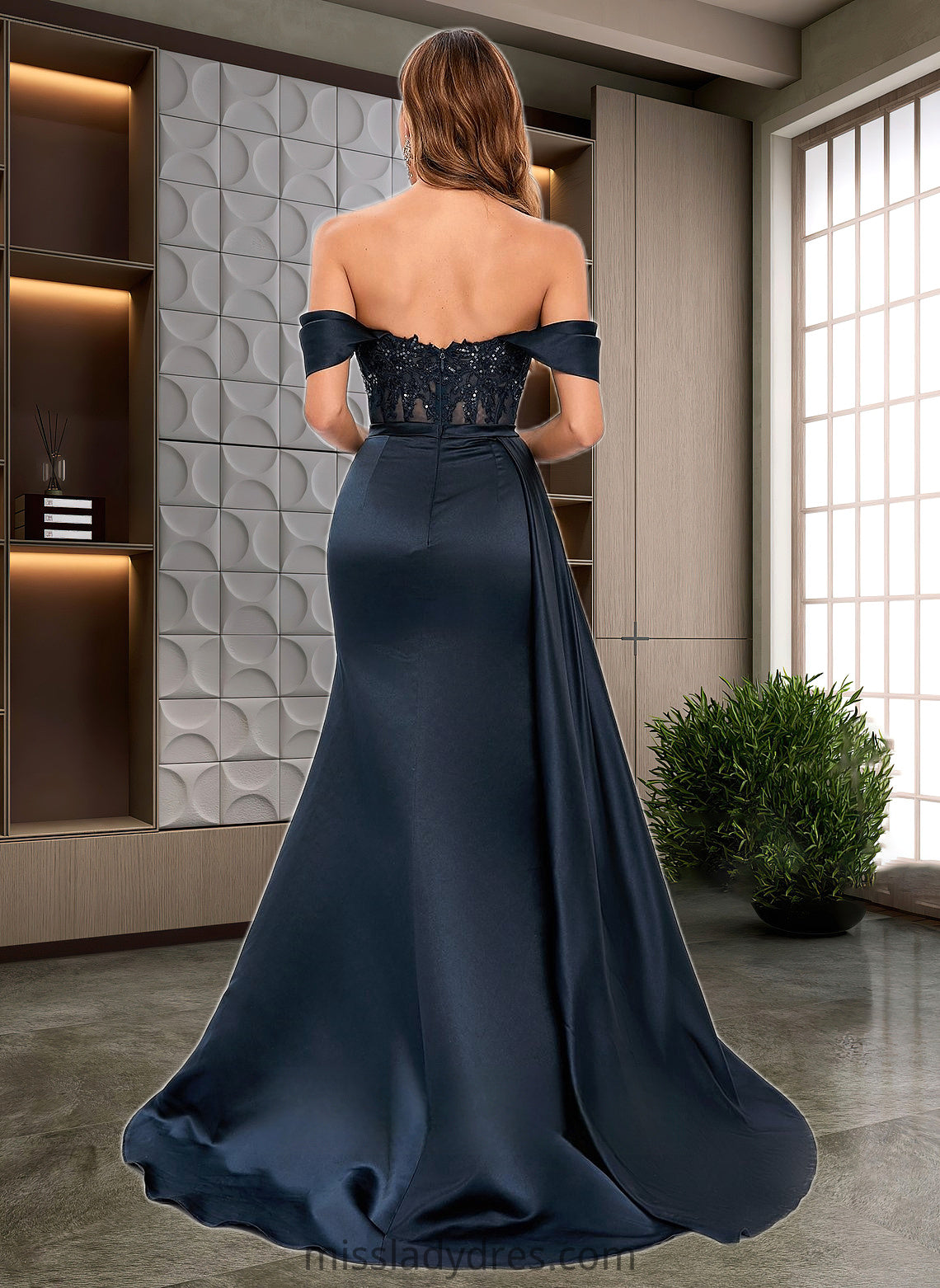 Naima Trumpet/Mermaid Off the Shoulder Sweep Train Satin Prom Dresses With Sequins Appliques Lace DBP0025835