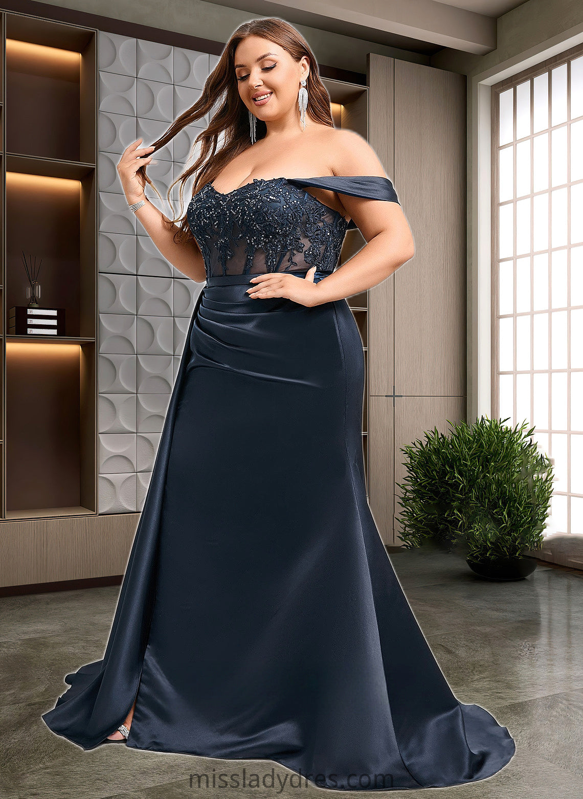 Naima Trumpet/Mermaid Off the Shoulder Sweep Train Satin Prom Dresses With Sequins Appliques Lace DBP0025835