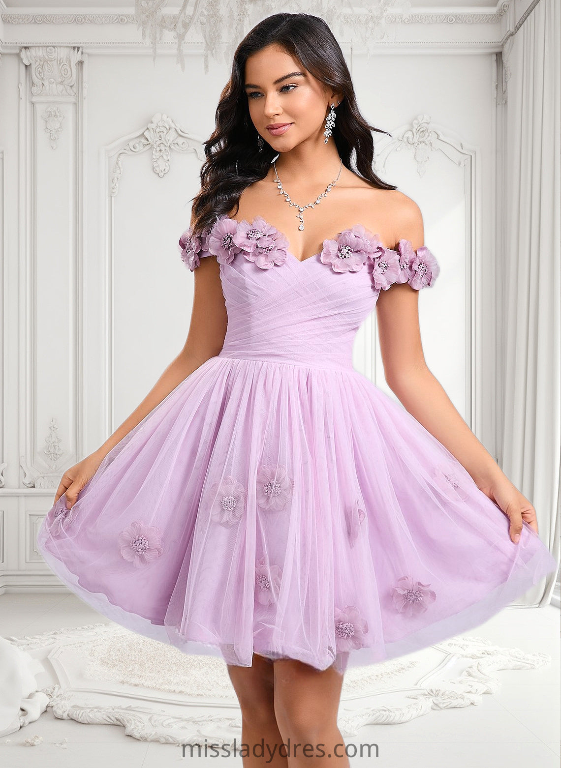 Lorena Ball-Gown/Princess Off the Shoulder Short Tulle Homecoming Dress With Pleated Flower DBP0025668