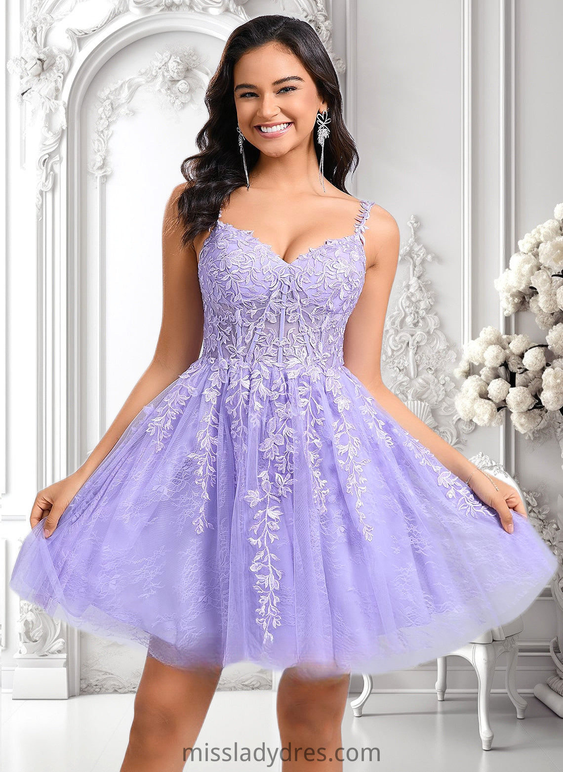 Tianna A-line V-Neck Short Tulle Lace Homecoming Dress DBP0025640