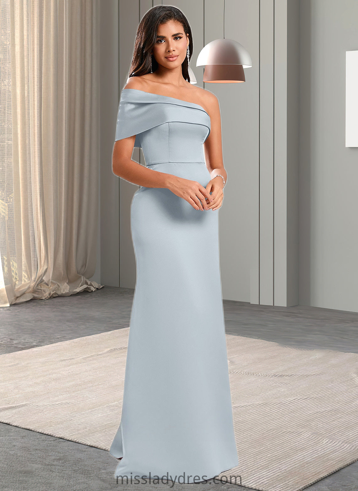 Aileen A-line Asymmetrical Off the Shoulder Floor-Length Satin Prom Dresses DBP0025884