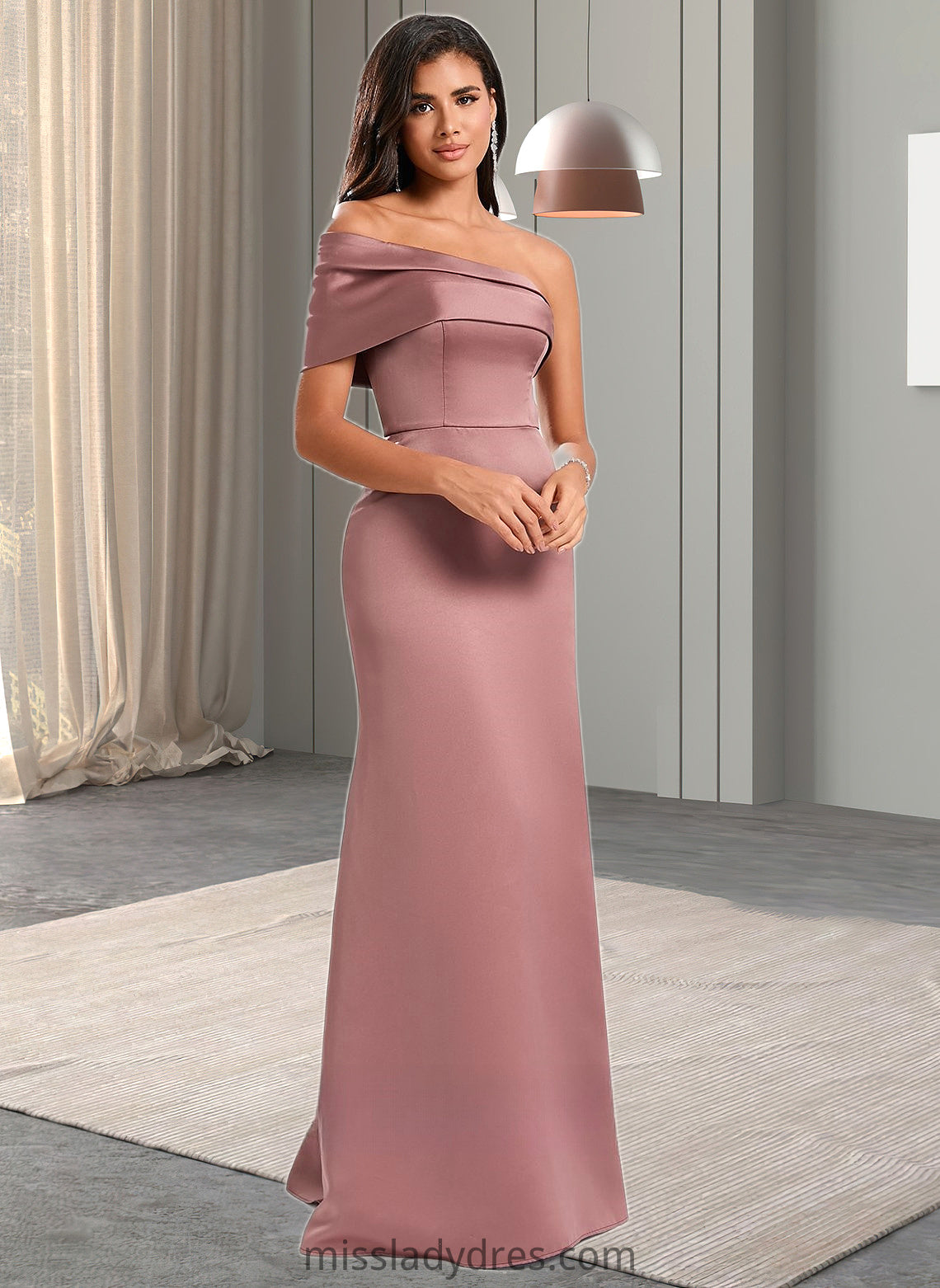 Aileen A-line Asymmetrical Off the Shoulder Floor-Length Satin Prom Dresses DBP0025884