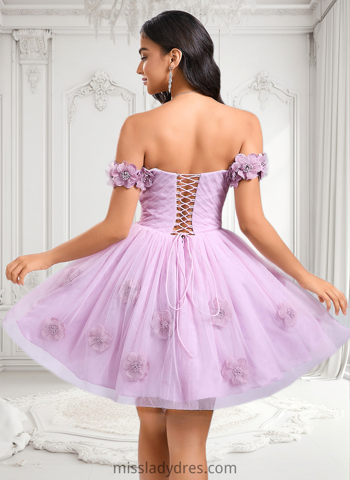 Lorena Ball-Gown/Princess Off the Shoulder Short Tulle Homecoming Dress With Pleated Flower DBP0025668