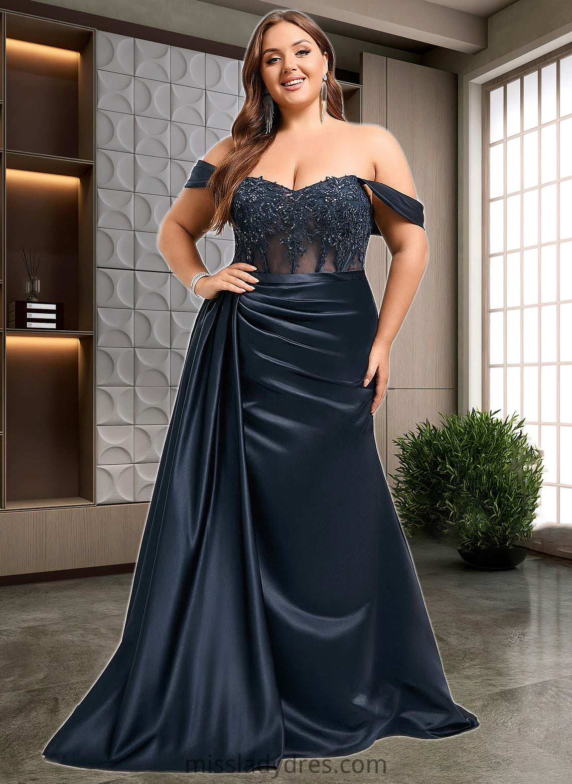 Naima Trumpet/Mermaid Off the Shoulder Sweep Train Satin Prom Dresses With Sequins Appliques Lace DBP0025835