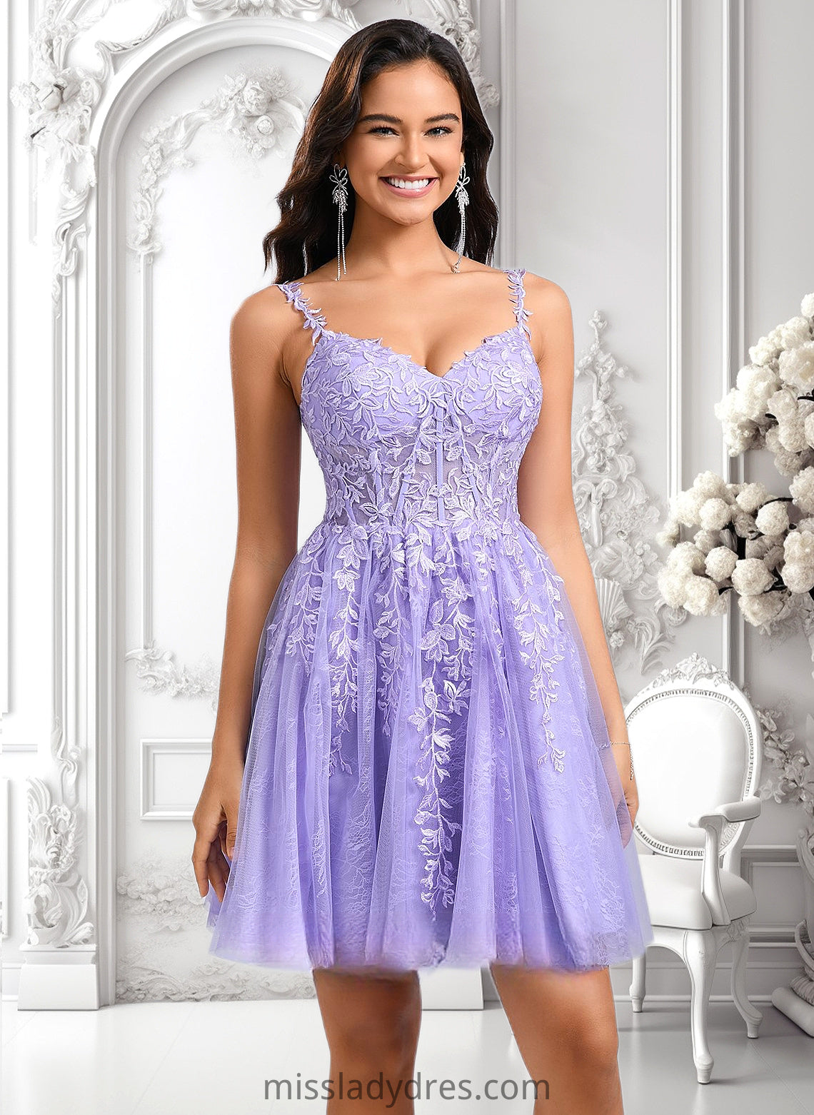 Tianna A-line V-Neck Short Tulle Lace Homecoming Dress DBP0025640