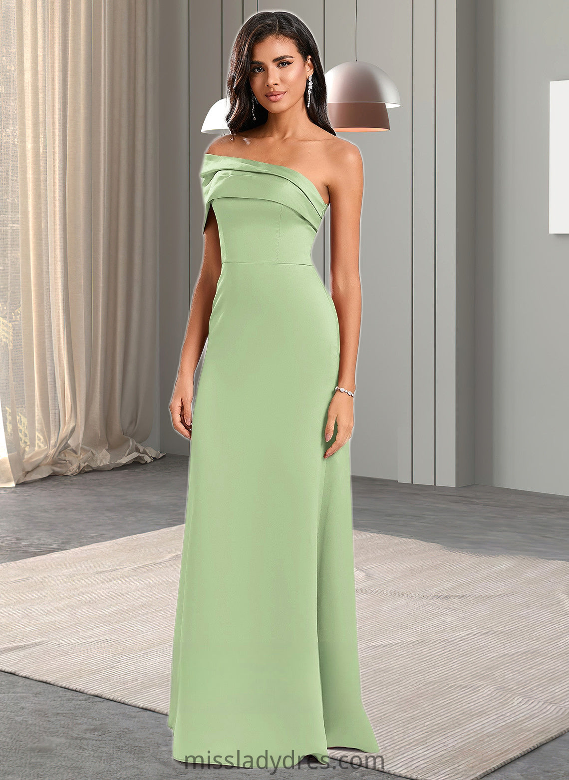 Aileen A-line Asymmetrical Off the Shoulder Floor-Length Satin Prom Dresses DBP0025884