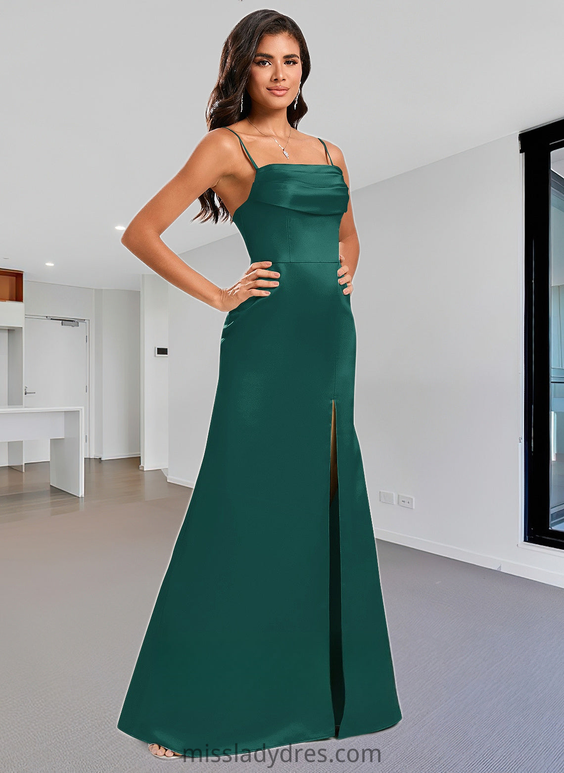 Skye Trumpet/Mermaid Off the Shoulder Square Floor-Length Satin Prom Dresses With Ruffle DBP0025883