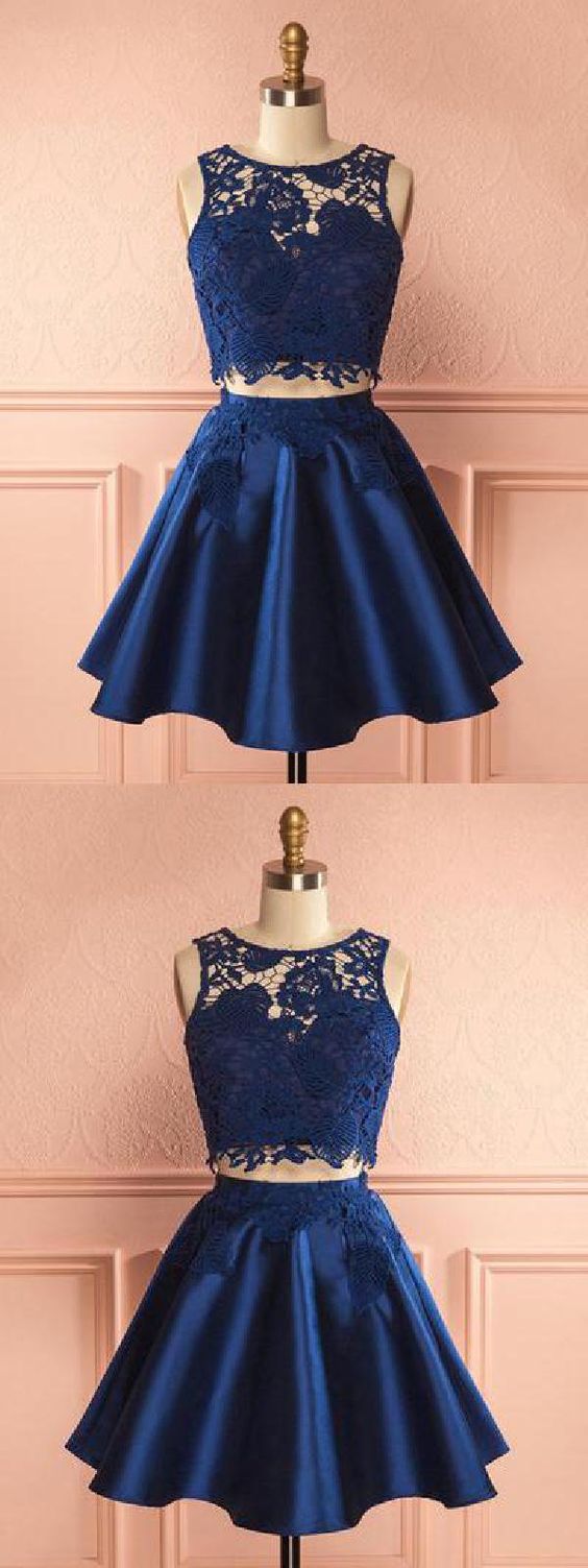 2 Pieces Vanessa Homecoming Dresses Two Pieces Satin Lace Navy Blue Party Dress