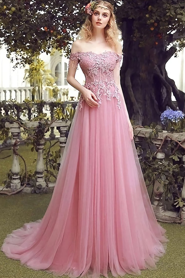 Aurora Off The Shoulder Tulle Natural Waist A-Line/Princess Sleeveless Sweep-Brush Train Bridesmaid Dresses