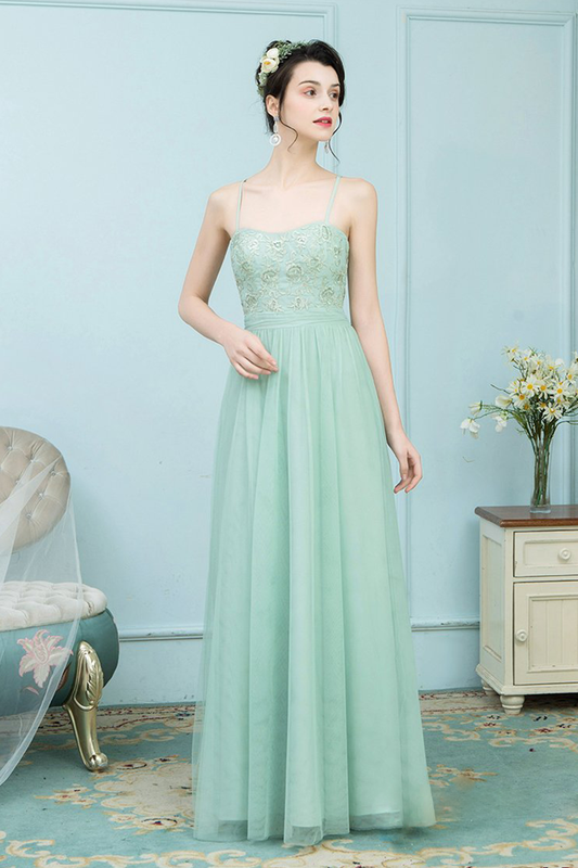 Mina Tulle A-Line/Princess Floor Length Natural Waist Sleeveless Spaghetti Straps Bridesmaid Dresses