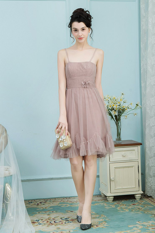 Lorelei A-Line/Princess Knee Length Tulle Natural Waist Spaghetti Straps Bridesmaid Dresses