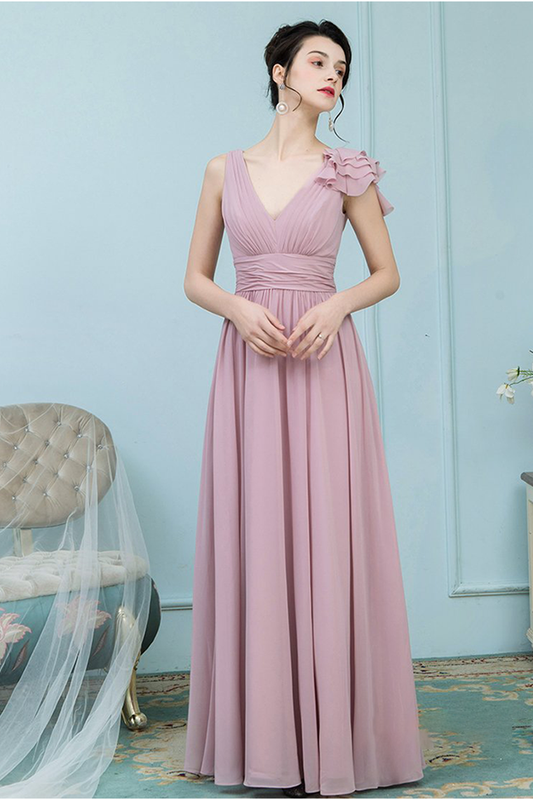 Scarlet V-Neck Floor Length Chiffon Sleeveless A-Line/Princess Natural Waist Bridesmaid Dresses