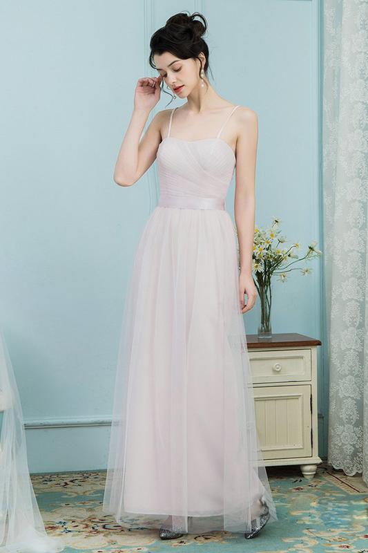 Payton Natural Waist Floor Length Tulle Spaghetti Straps Sleeveless A-Line/Princess Bridesmaid Dresses