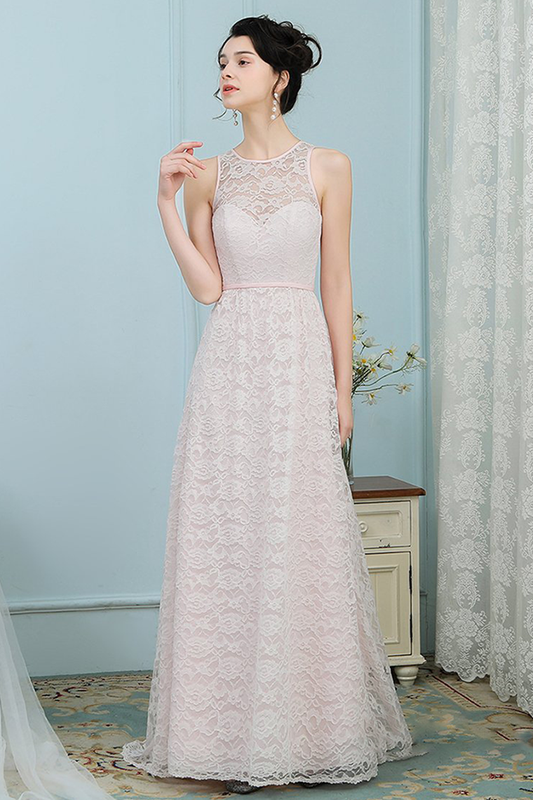 Diya A-Line/Princess Sleeveless Natural Waist Lace Scoop Sweep-Brush Train Bridesmaid Dresses