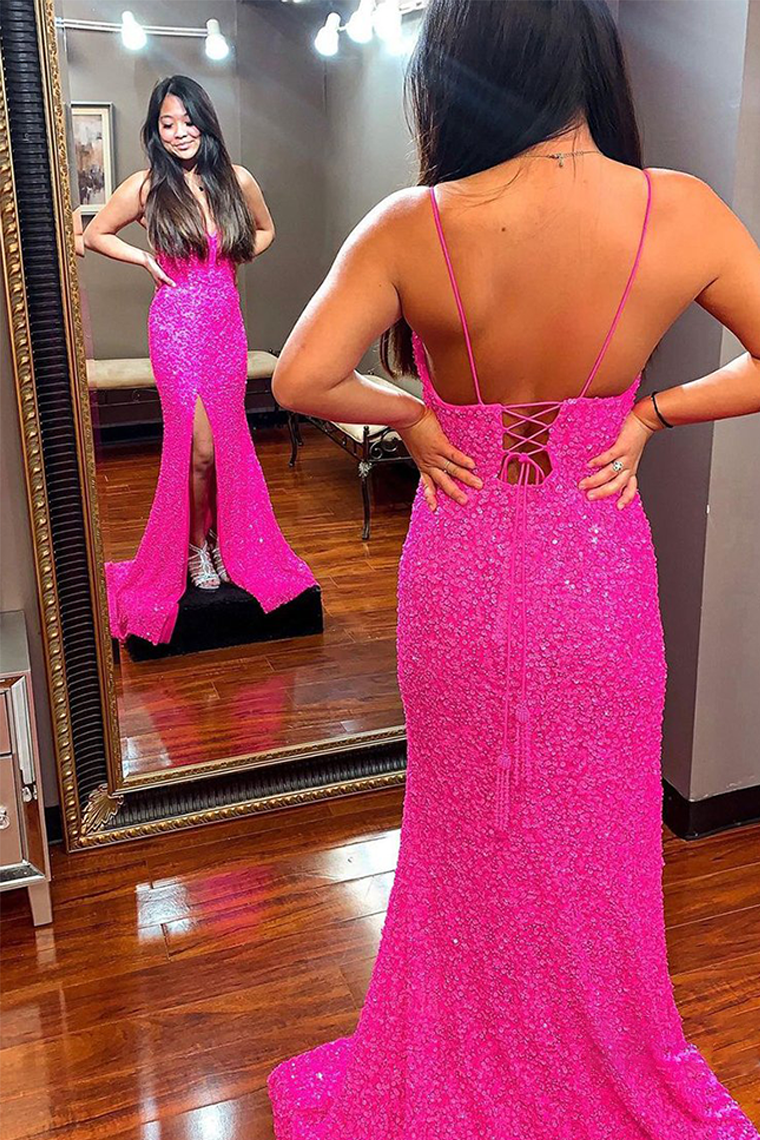 Sevy Glitter Hot Pink Backless Long Prom Dress