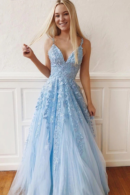 Light Blue Prom Dress Spaghetti Straps Long Evening Dress