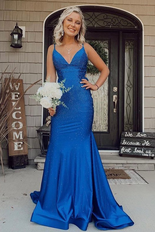 Mermaid Glitter Royal Blue Backless Long Prom Dress Evening Dress