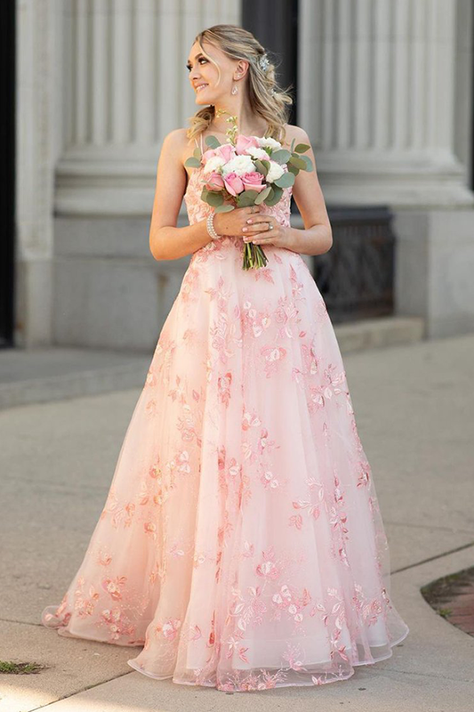 Sexy Spaghetti Straps Pink Tulle Long Prom Dress With Appliques