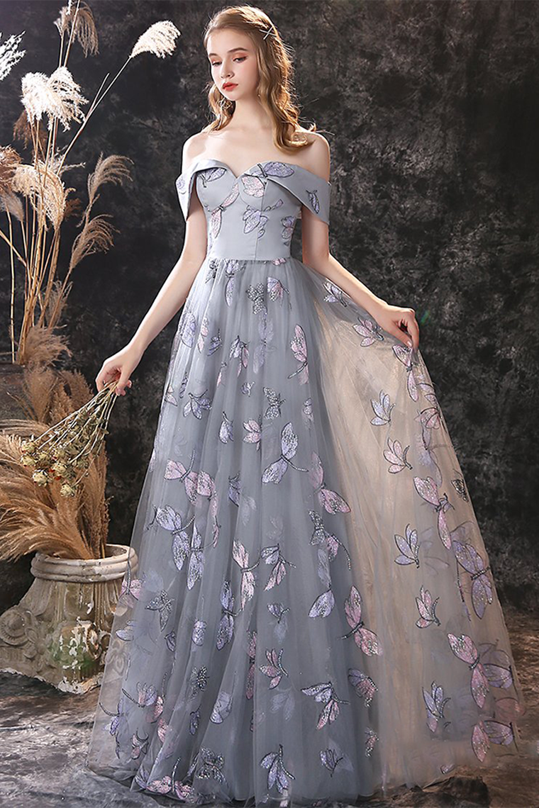 A-line Strap Grey Prom Dress Long Floor-Length Evening Dress