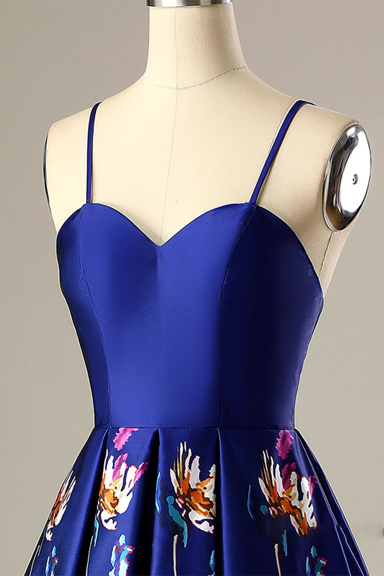 A-Line Spaghetti Straps Short Royal Blue Satin Homecoming Dress