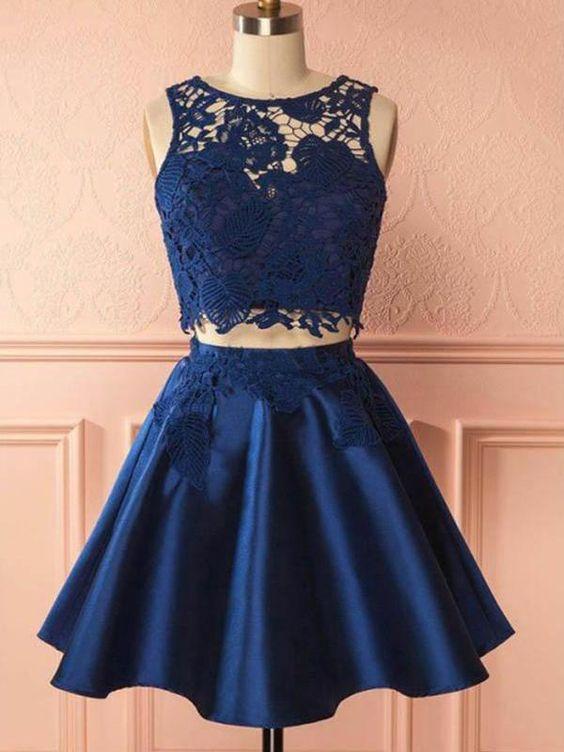 2 Pieces Vanessa Homecoming Dresses Two Pieces Satin Lace Navy Blue Party Dress