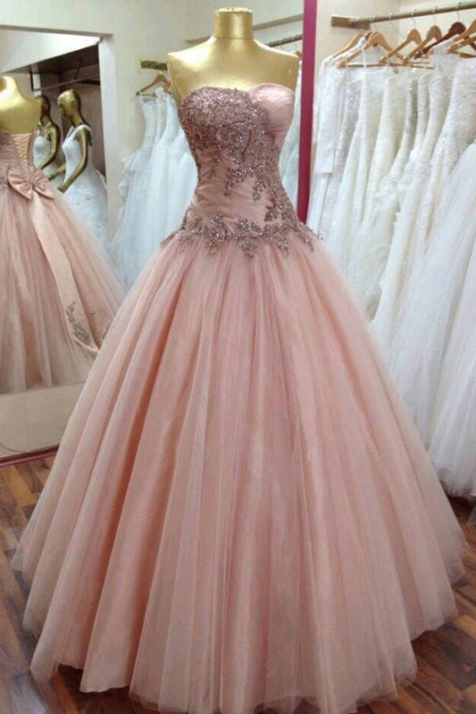 Sweetheart Appliques Sequins Strapless Bodice Long Prom Dresses