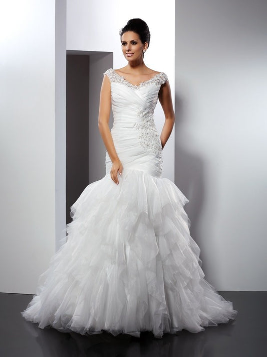 Trumpet/Mermaid V-neck Applique Sleeveless Long Tulle Wedding Dresses HEP0006631