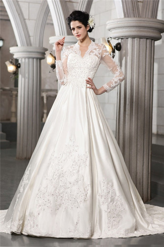 A-Line/Princess Long Sleeves Beading Applique Long Satin Wedding Dresses HEP0006637