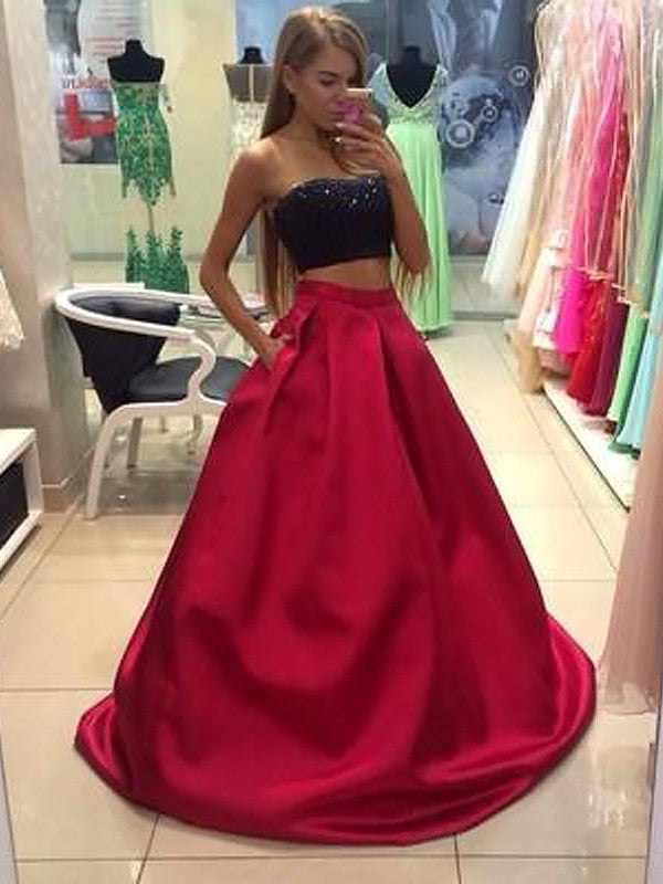 A-Line/Princess Strapless Sleeveless Tulle Floor-Length Beading Two Piece Dresses HEP0002411