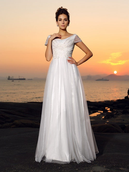 A-Line/Princess Off-the-Shoulder Beading Short Sleeves Long Tulle Beach Wedding Dresses HEP0006636