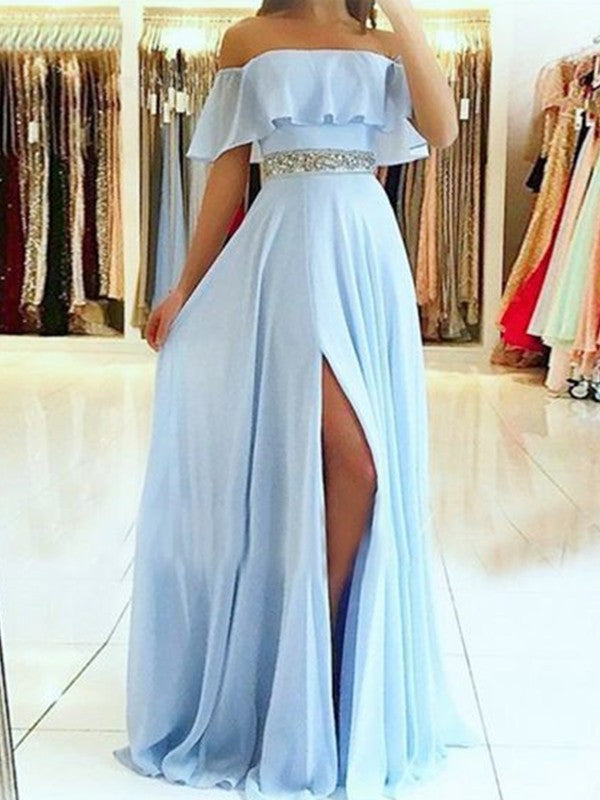 A-Line/Princess Sleeveless Off-the-Shoulder Floor-Length Beading Chiffon Dresses HEP0001717