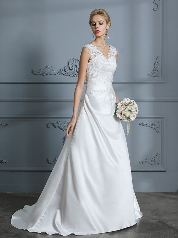 A-Line/Princess V-neck Sweep/Brush Train Sleeveless Applique Satin Wedding Dresses HEP0006626