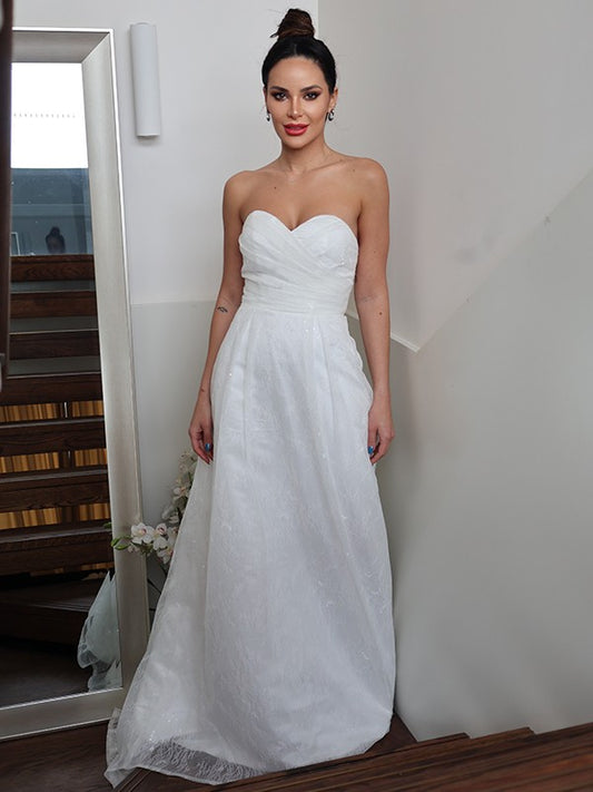 A-Line/Princess Ruched Sweetheart Sleeveless Sweep/Brush Train Wedding Dresses HEP0006455