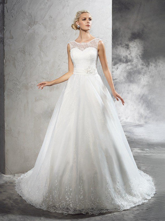 Ball Gown Sheer Neck Sash/Ribbon/Belt Sleeveless Long Net Wedding Dresses HEP0006639