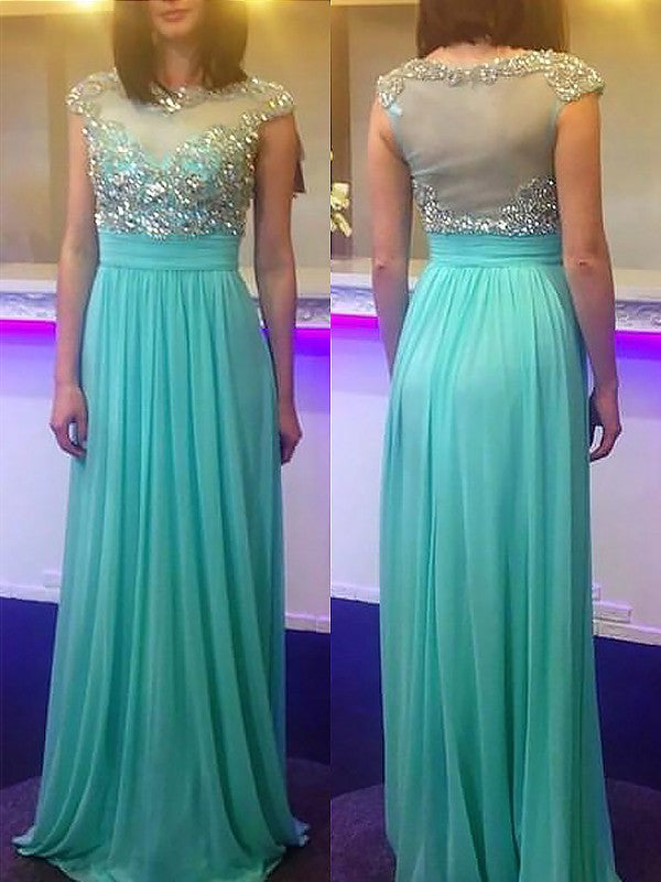 A-Line/Princess Bateau Sleeveless Floor-Length Beading Chiffon Dresses HEP0003484