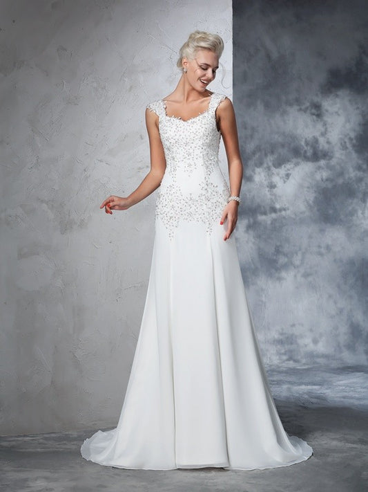 A-Line/Princess Straps Beading Sleeveless Long Chiffon Wedding Dresses HEP0006465