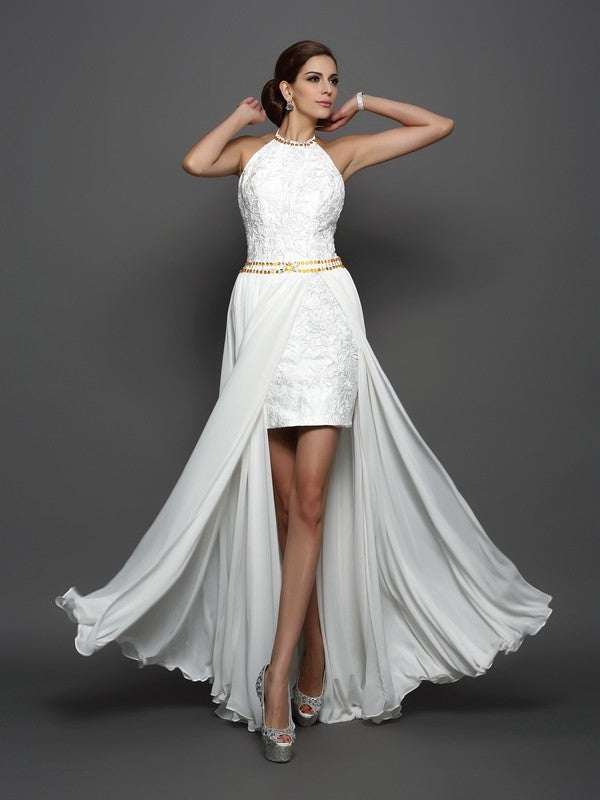 A-Line/Princess High Neck Lace Sleeveless Long Chiffon Wedding Dresses HEP0006617