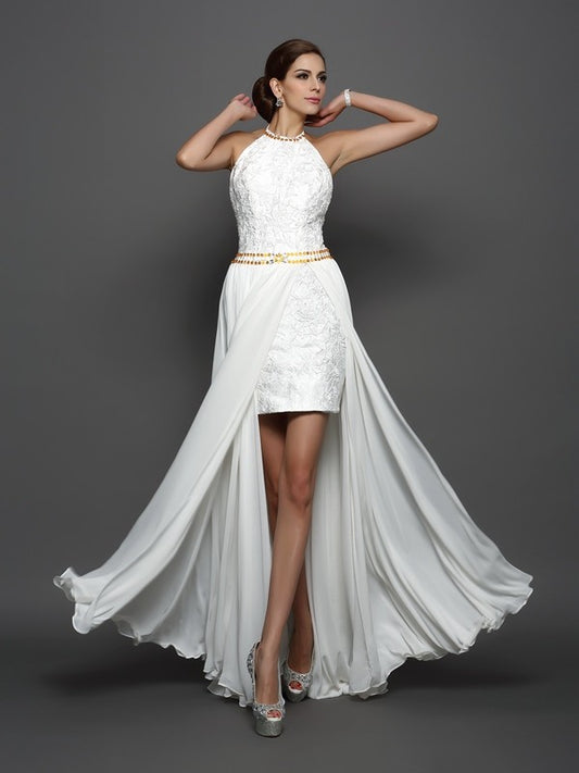 A-Line/Princess High Neck Lace Sleeveless Long Chiffon Wedding Dresses HEP0006617