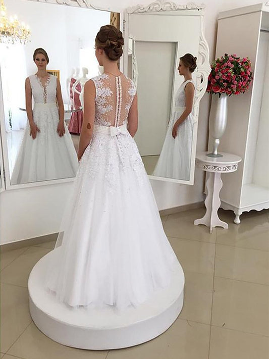 Trumpet/Mermaid Sleeveless Lace Scoop Floor-Length Wedding Dresses HEP0006625