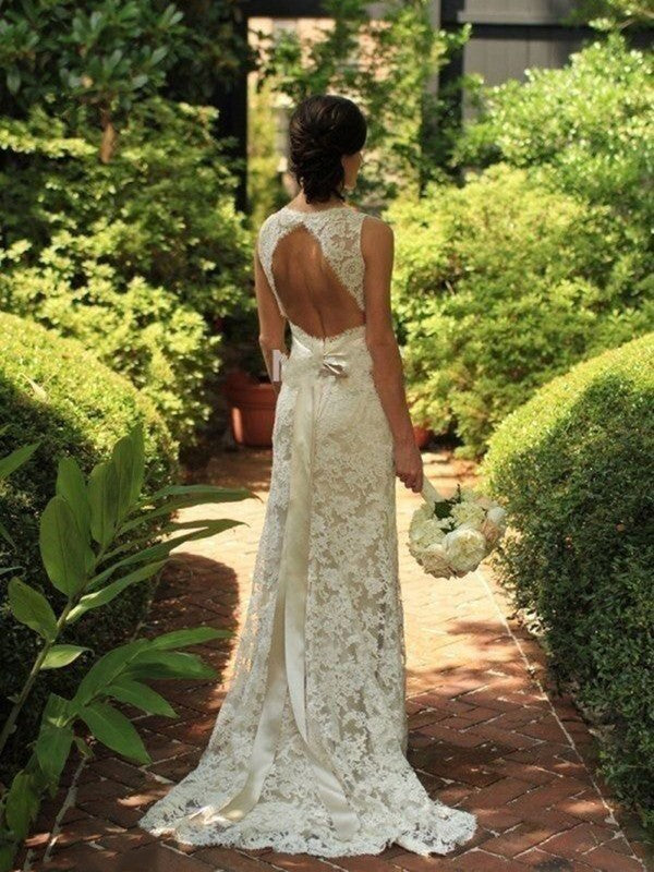 Sheath/Column Sleeveless Lace V-neck Sweep/Brush Train Wedding Dresses HEP0006052