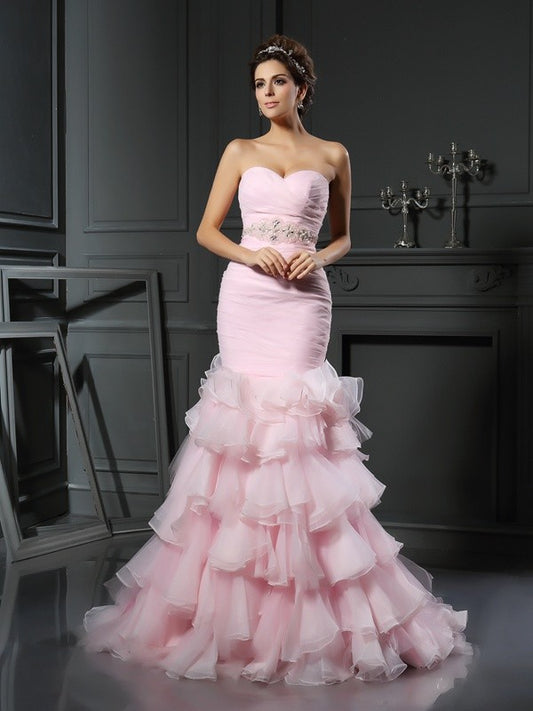 Trumpet/Mermaid Sweetheart Beading Sleeveless Long Organza Wedding Dresses HEP0006632