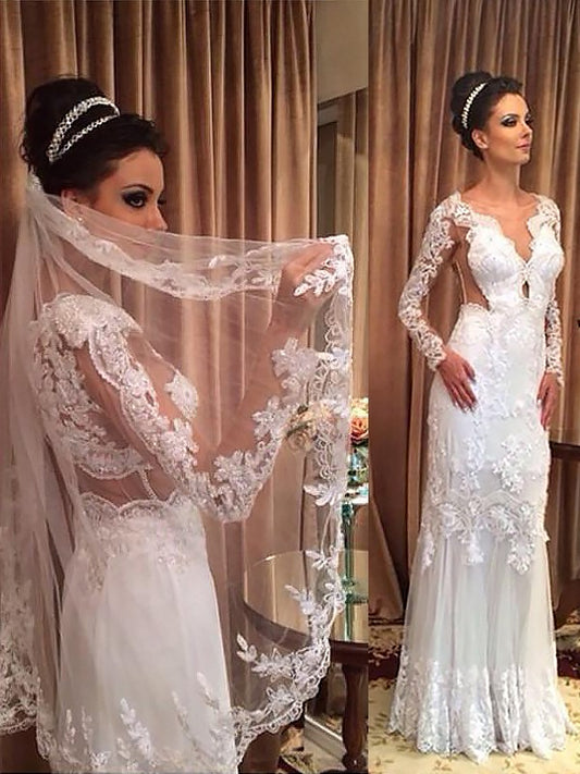 Sheath/Column Tulle Long Sleeves V-neck Floor-Length Wedding Dresses HEP0006622