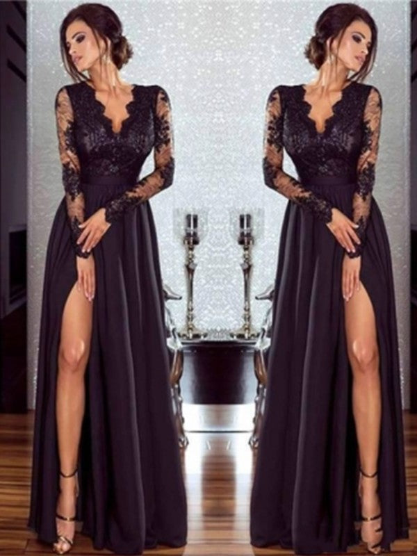 A-Line/Princess Long Sleeves V-neck Floor-Length Lace Chiffon Applique Dresses HEP0002323