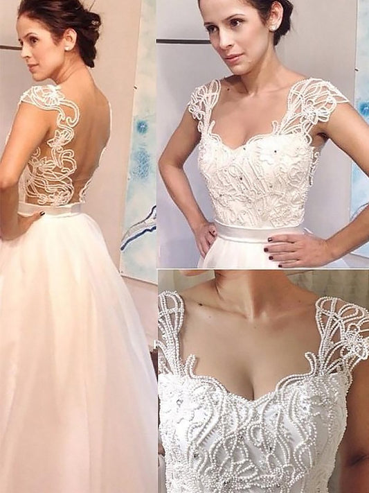 A-Line/Princess Sweetheart Sweep/Brush Train Tulle Sleeveless Wedding Dresses HEP0006623