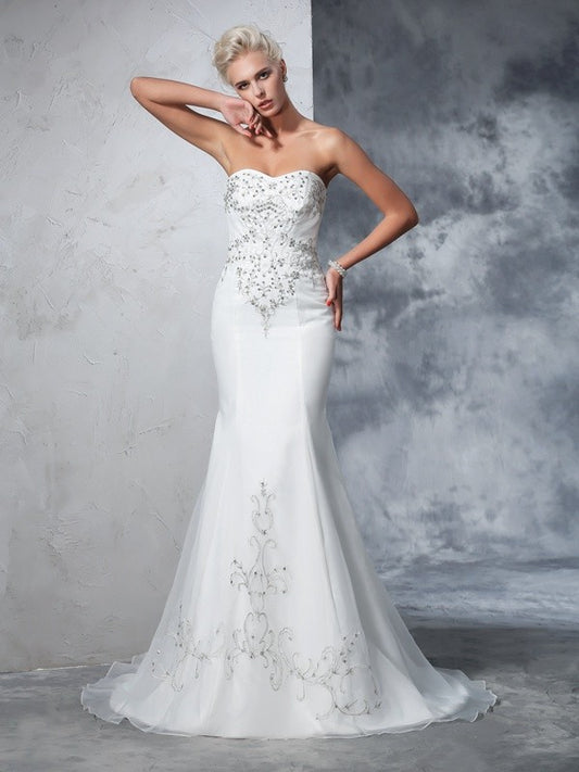 Trumpet/Mermaid Sweetheart Beading Sleeveless Long Satin Wedding Dresses HEP0006464