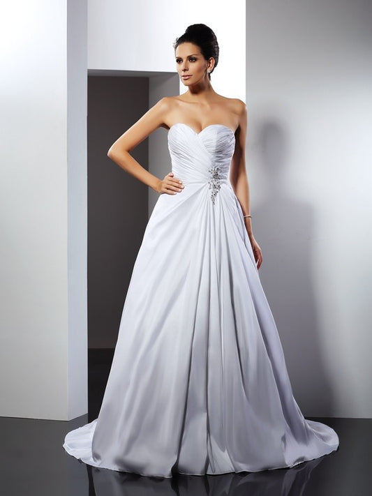 A-Line/Princess Sweetheart Ruffles Sleeveless Long Taffeta Wedding Dresses HEP0006627